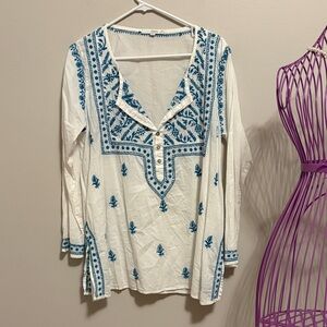 Subtle Luxury White Tunic with Blue Embroidery